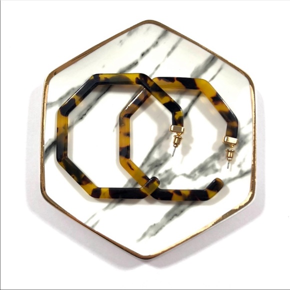 Dark Brown Tortoise Shell Large Hexagon Stud Hoops - Picture 8 of 8